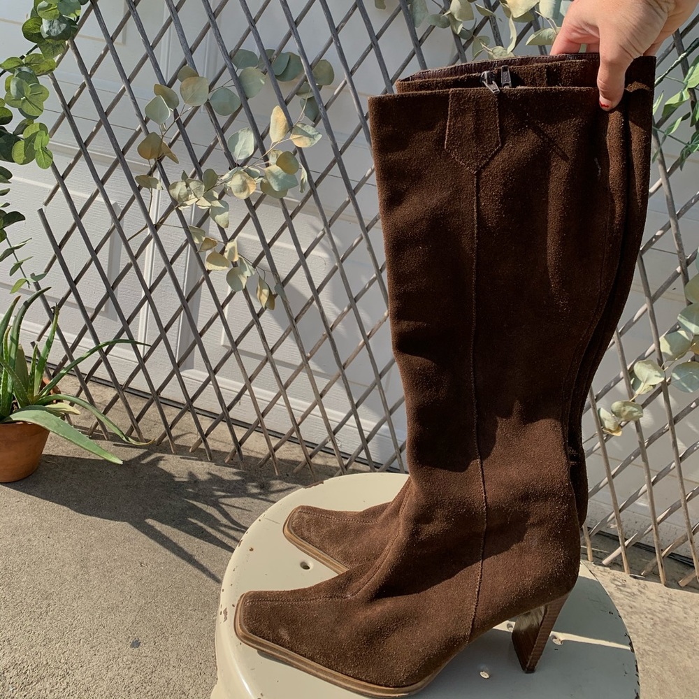 Brown Suede Knee High Block Heel Boots